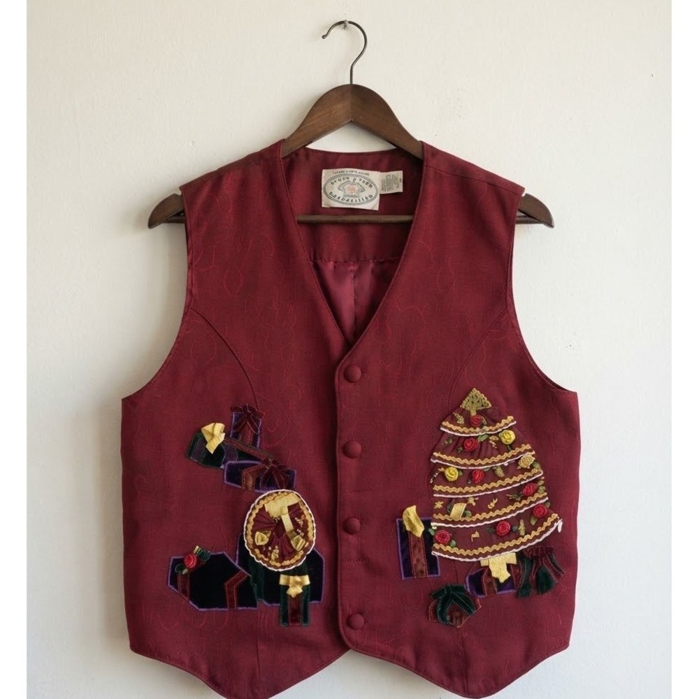 Vintage 1996 Eagle's Eye Collectibles Christmas Vest Red Jacquard Applique L